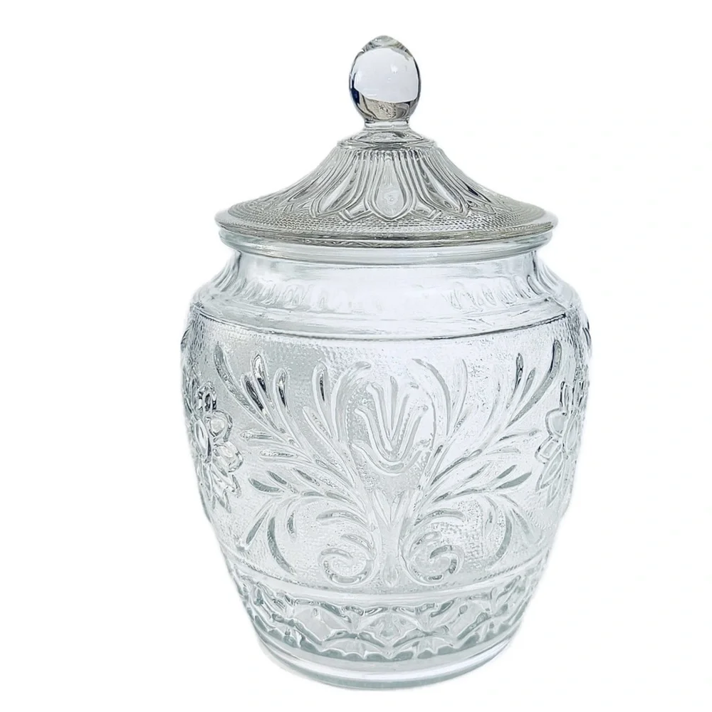 Vintage 1940’s Anchor Hocking Clear Sunflower Pressed Glass Cookie Jar